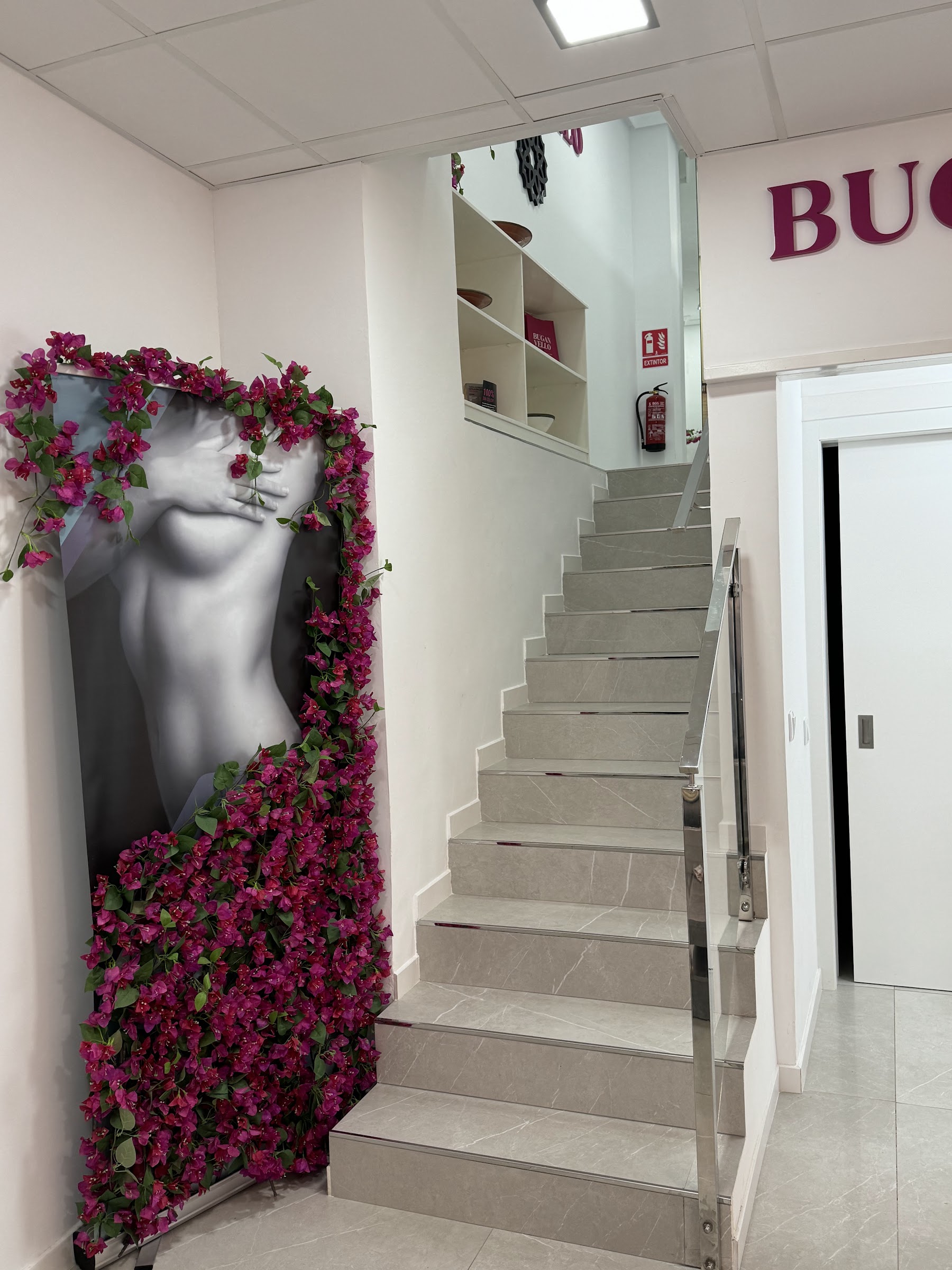 Escalera interior con el cuadro enmarcado en buganvilla